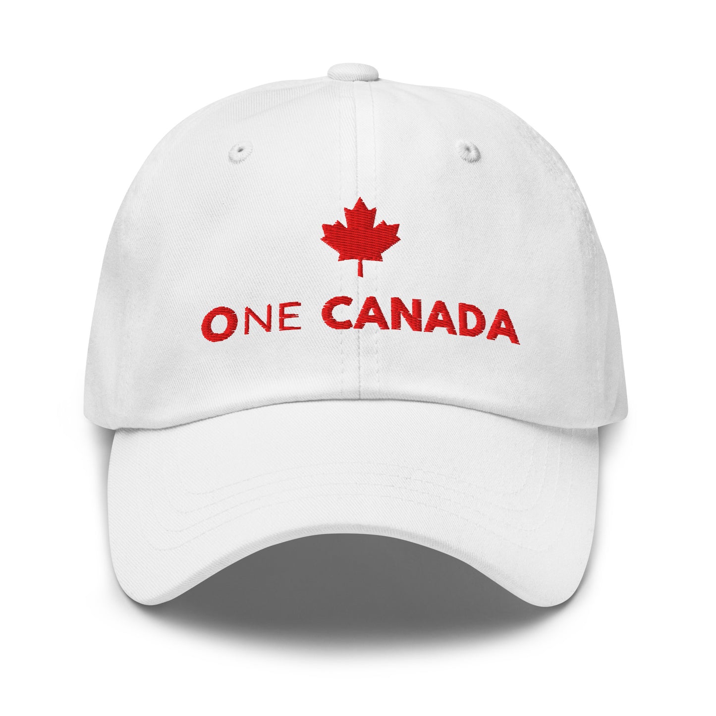 ONE CANADA Signature Dad Cap Red Edition — white cap with red maple leaf embroidery front view