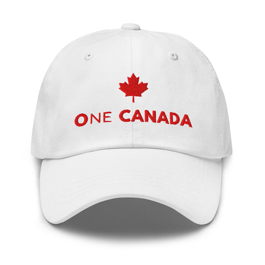ONE CANADA Signature Dad Cap Red Edition — white cap with red maple leaf embroidery front view