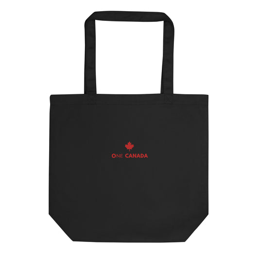 ONE CANADA Organic Tote Bag — maple leaf and dual-message wordmark on organic cotton canvas